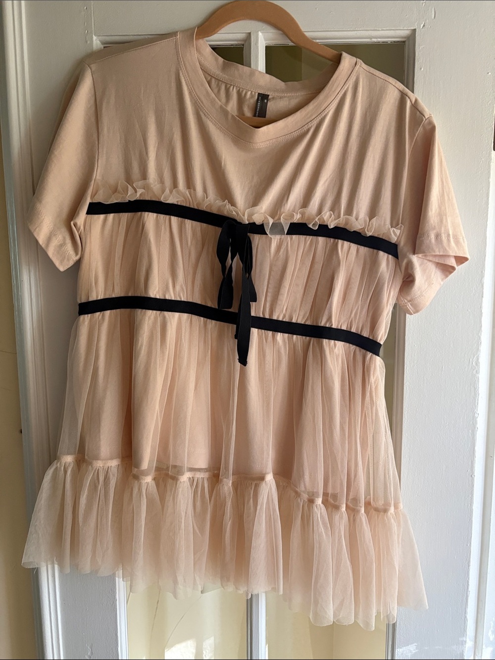 Anthropologie Blush Tulle Tee with Black Ribbon Trim